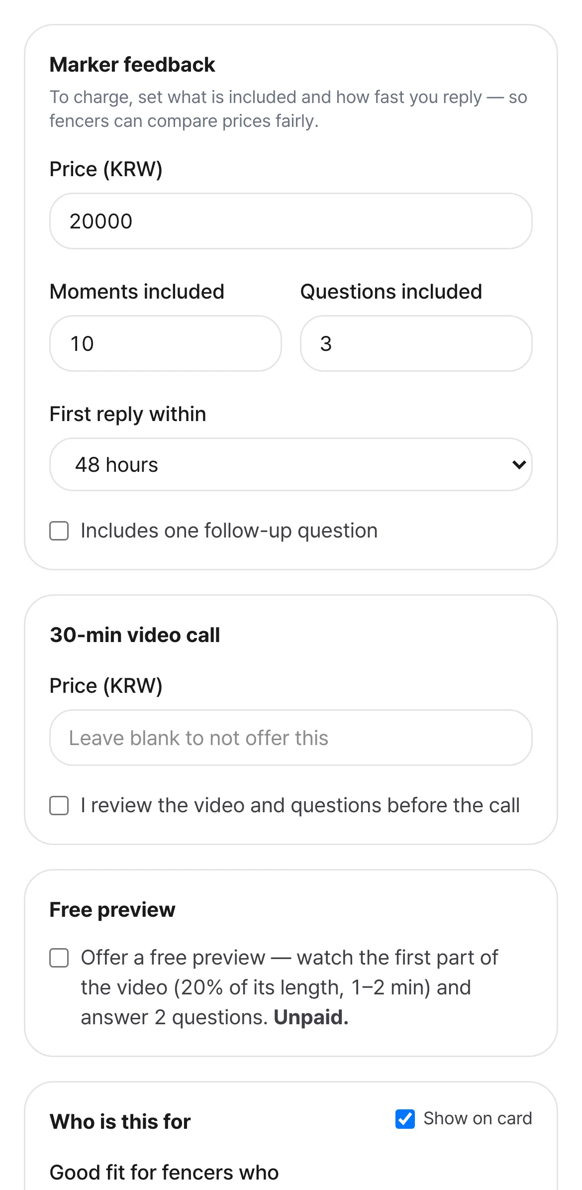 A coach setting price, included moments, questions and first-reply time