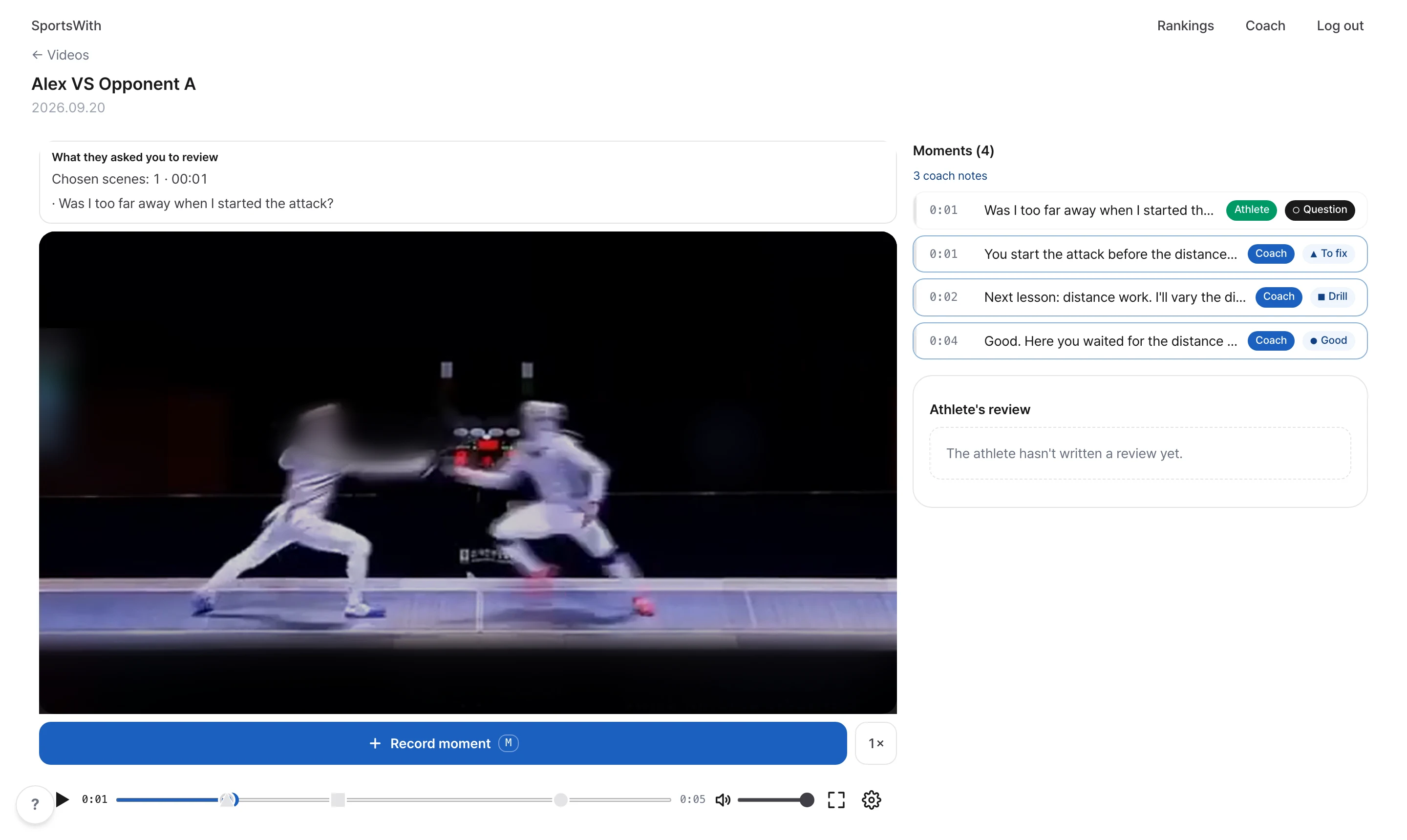 The video review screen in a desktop browser — the fencer’s question, the video and the coach’s notes